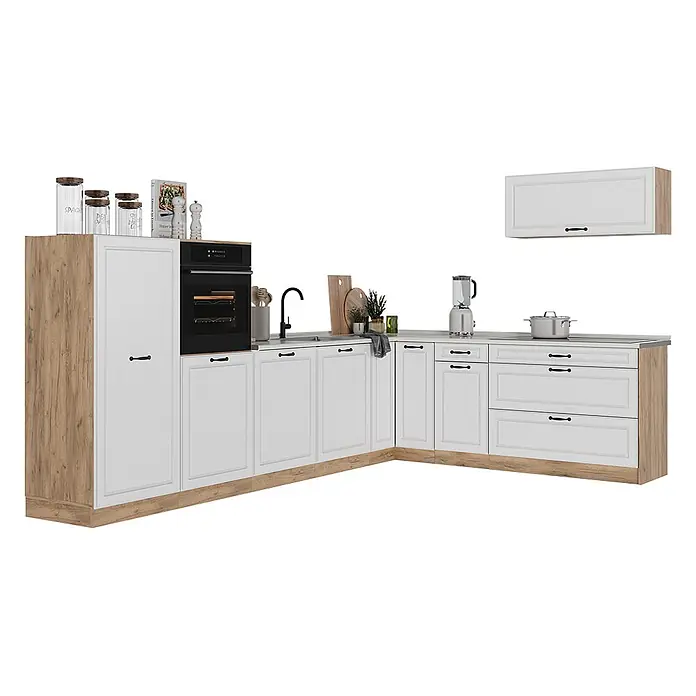 Eckküche R-Line 327 cm Weiß Landhaus Art.-Nr. 68241 -  - L-förmige Küchenzeile mit weißen Fronten und hellen Holzdetails, inklusive integriertem Backofen und Spüle.