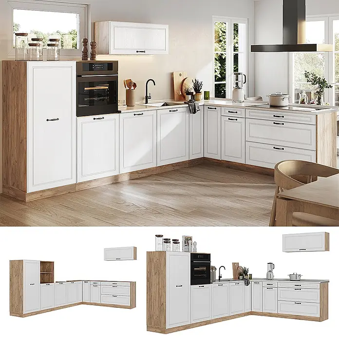 Eckküche R-Line 327 cm Weiß Landhaus Art.-Nr. 68241 -  - L-förmige Küche mit weißen Paneel-Schränken, schwarzen Griffen, eingebautem Backofen und Holzdekorrahmen und Sockelleisten.