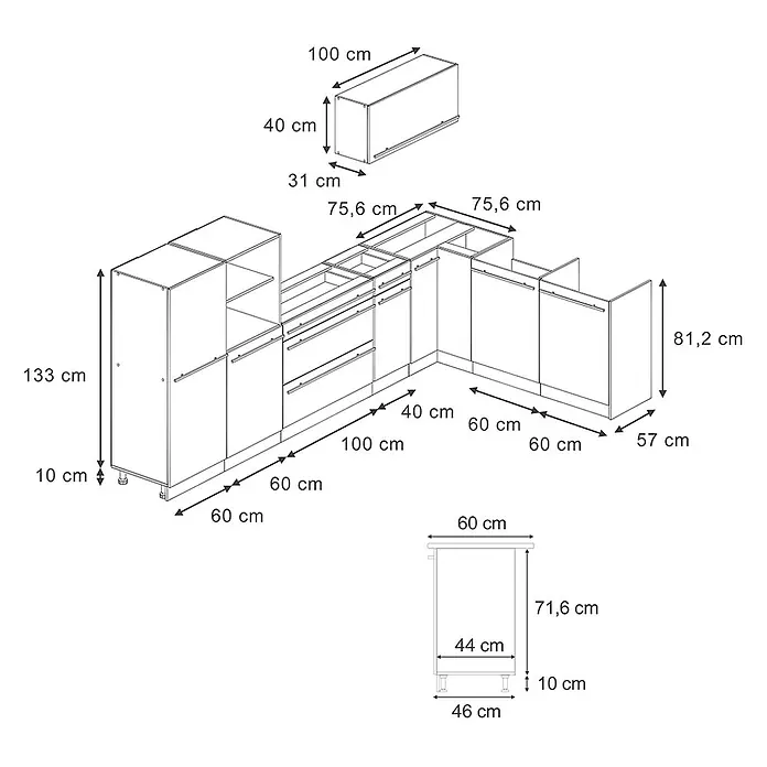 Eckküche R-Line 347 cm Blau-Grau Art.-Nr. 67597 -  - Technische Zeichnung eines modularen Küchenschranksystems mit Maßen und Komponenten.