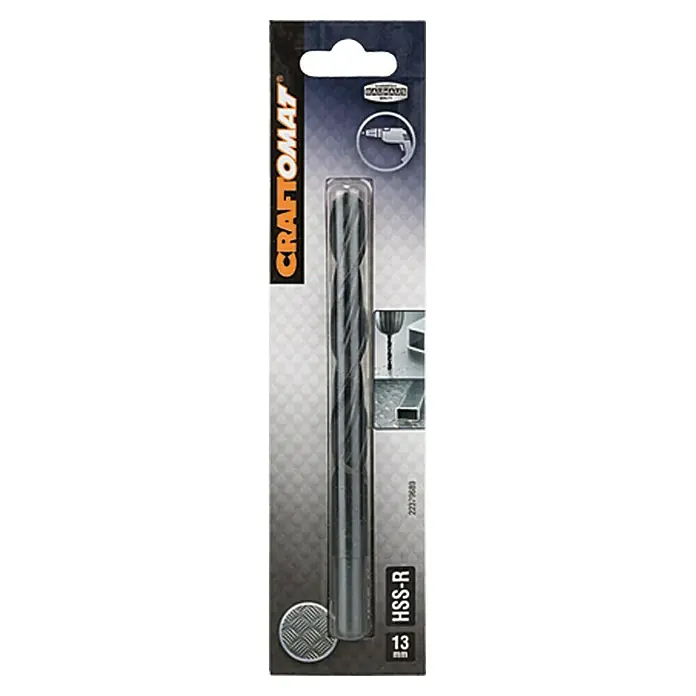 Craftomat Metallbohrer - HSS-R, Durchmesser Bohrer: 13 mm - Nahaufnahme eines Craftomat HSS-R 13mm Metallbohrers in einer Verpackung, der für Bohrmaschinen geeignet ist.