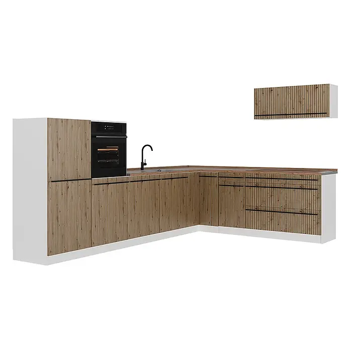 Eckküche R-Line 327 cm Artisan-Eiche Art.-Nr. 67574 -  - L-förmige Küche mit Lamellenholzfronten, weißen Paneelen, integriertem Backofen, Spüle und passendem Hängeschrank.
