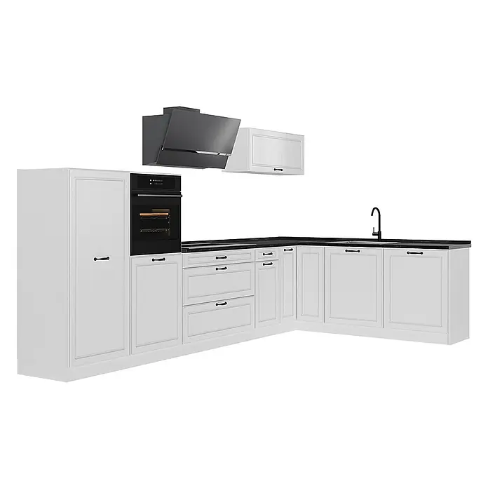 Eckküche R-Line 347 cm Weiß Landhaus Art.-Nr. 68289 -  - L-förmige weiße Küchenzeile mit schwarzen Griffen, schwarzer Arbeitsplatte, Einbaubackofen und Dunstabzugshaube.