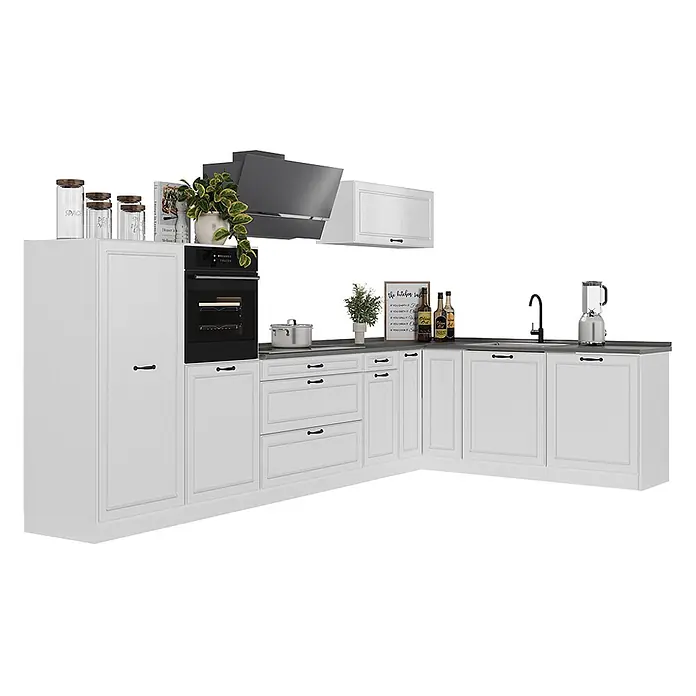 Eckküche R-Line 347 cm Weiß Landhaus Art.-Nr. 68289 -  - Weiße modulare Küchenzeile mit grauer Arbeitsplatte, integriertem Backofen und schwarzen Griffen, L-förmig angeordnet.