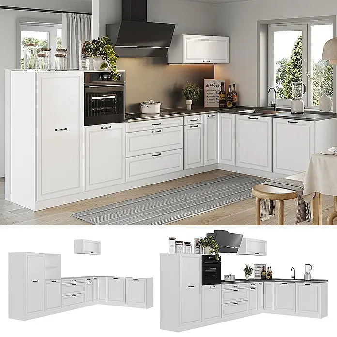Eckküche R-Line 347 cm Weiß Landhaus Art.-Nr. 68289 -  - Weiße L-förmige Küchenzeile mit schwarzen Griffen und dunkler Arbeitsplatte, inklusive integriertem Backofen, Kochfeld und Spüle.