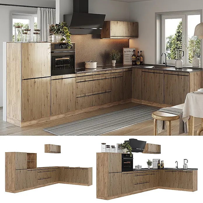 Eckküche R-Line 347 cm Artisan-Eiche Art.-Nr. 67602 -  - L-förmige Modulküche mit geriffelten hellen Holzschränken, schwarzen Arbeitsplatten, integriertem Backofen und Spüle.