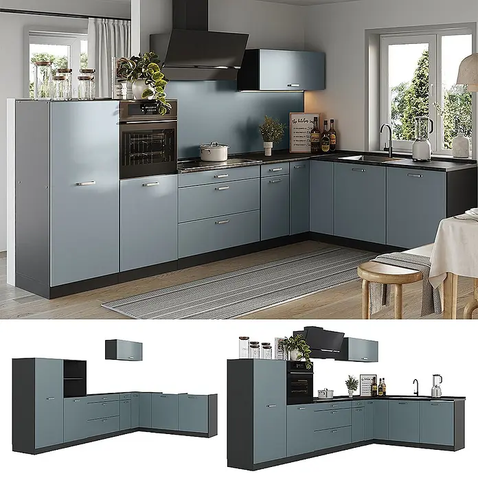 Eckküche R-Line 347 cm Blau-Grau Art.-Nr. 67597 -  - L-förmige modulare Küchenzeile mit blaugrauen Schränken, schwarzen Arbeitsplatten und integrierten Geräten, in moderner Küche.