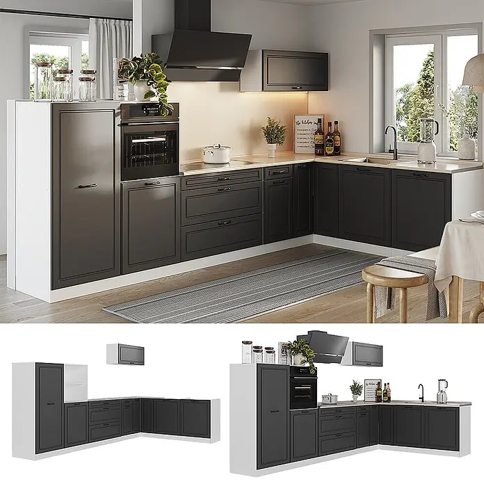 Eckküche R-Line 347 cm Anthrazit Landhaus Art.-Nr. 68285 -  - Dunkelgraue L-förmige Küche mit hellen Holzplatten, integriertem Backofen, Kühlschrank, Spüle und Bartisch, modernes Design.