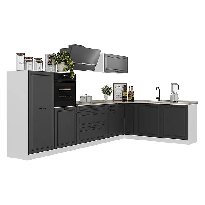 Eckküche R-Line 347 cm Anthrazit Landhaus Art.-Nr. 68285 -  - Dunkelgraue L-förmige Küchenzeile mit integriertem Backofen, Spüle und Dunstabzugshaube.