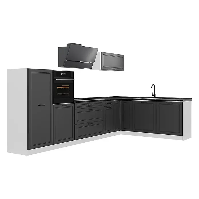 Eckküche R-Line 347 cm Anthrazit Landhaus Art.-Nr. 68285 -  - Dunkelgraue L-förmige Küchenzeile mit Ofen, Spüle und Dunstabzugshaube.