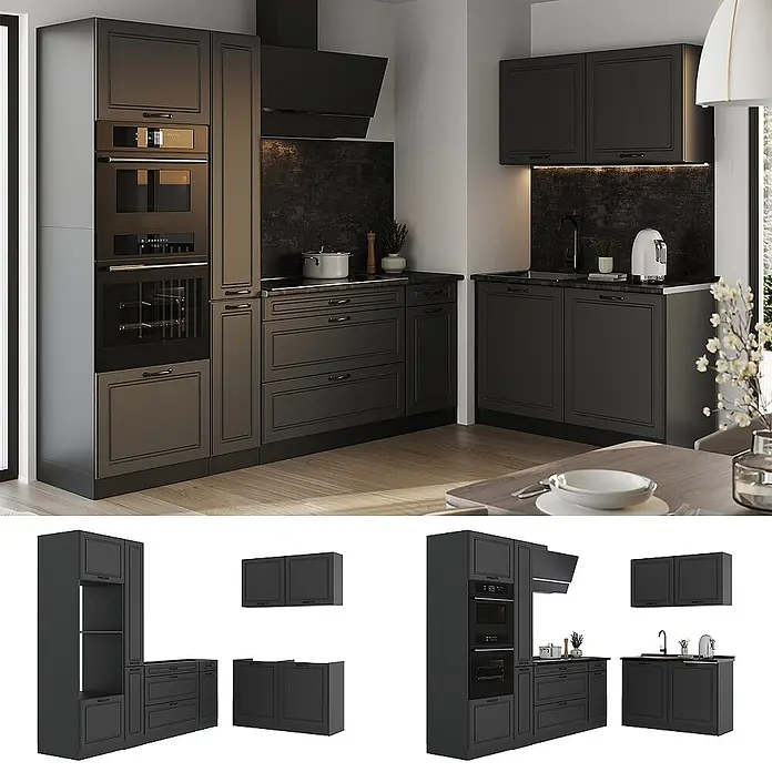 Eckküche R-Line 230 cm Anthrazit Landhaus Art.-Nr. 68165 -  - Dunkelgraue Küchenzeile mit integrierten Geräten und Spüle, in einer modernen Einrichtung präsentiert.
