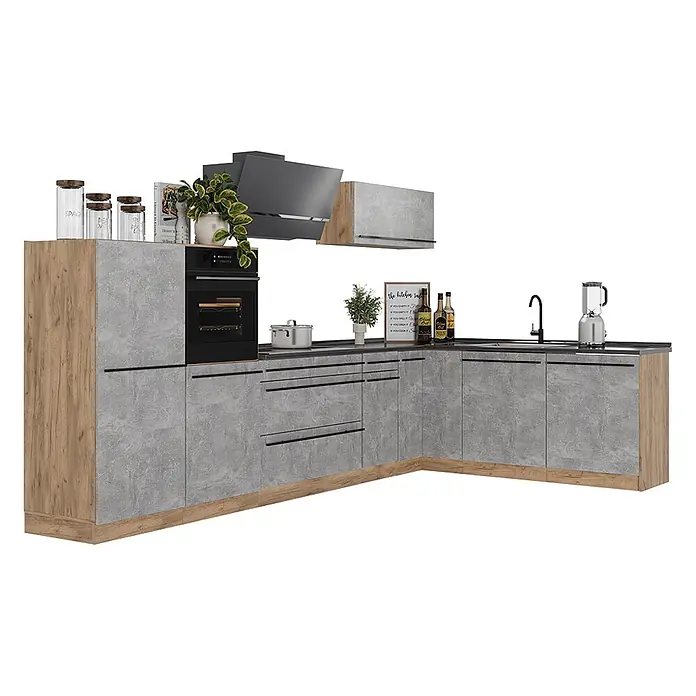 Eckküche R-Line 347 cm Beton Art.-Nr. 67607 -  - Moderne Eckküche mit grauen Beton-Fronten, hellen Holz-Akzenten, eingebautem Backofen und Spüle.