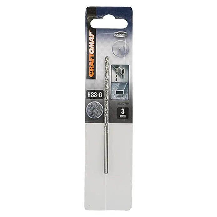Craftomat Metallbohrer - Durchmesser Bohrer: 3 mm, Arbeitslänge: 66 mm - Ein 3 mm CRAFTOMAT HSS-G Spiralbohrer in seiner Verpackung, geeignet für Metallarbeiten. Ideal für präzise Bohrlöcher in Stahl und Aluminium.