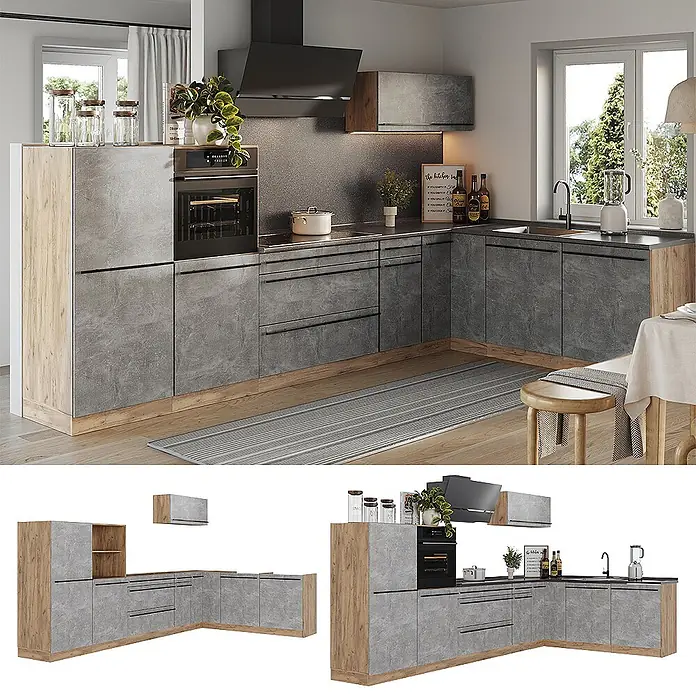 Eckküche R-Line 347 cm Beton Art.-Nr. 67608 -  - Moderne L-förmige Küche mit grauen Beton-Optik-Schränken, hellen Holzakzenten, integriertem Ofen, Kochfeld und Spüle.