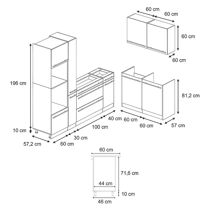 Eckküche R-Line 230 cm Blau-Grau Art.-Nr. 67512 -  - Maßzeichnung modularer Küchenschränke, inklusive Unter-, Ober- und Hochschränke, mit verschiedenen Maßangaben.
