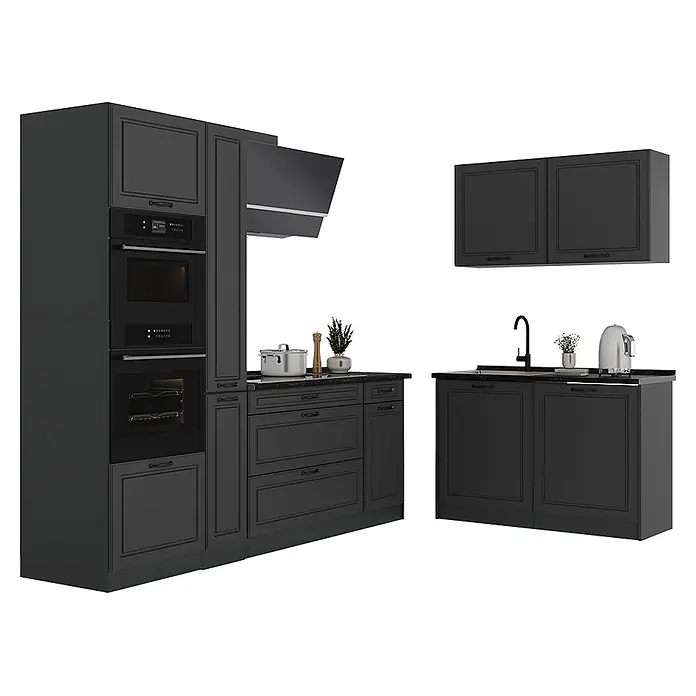Eckküche R-Line 230 cm Anthrazit Landhaus Art.-Nr. 68165 -  - Schwarze Küchenzeile mit klassischen Kassettenfronten, integrierten Geräten und Spülbereich.