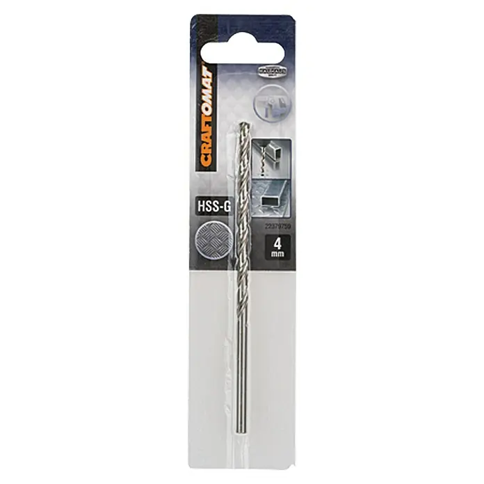 Craftomat Metallbohrer - Durchmesser Bohrer: 4 mm, Arbeitslänge: 87 mm - Ein 4 mm Craftomat HSS-G Spiralbohrer in seiner Verpackung, ideal für präzise Bohrungen in Metall und Stahl.
