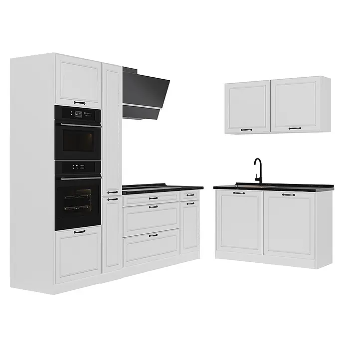 Eckküche R-Line 230 cm Weiß Landhaus Art.-Nr. 68190 -  - Weiße Küchenschränke mit schwarzer Arbeitsplatte, integriertem Doppelbackofen, Mikrowelle und Spüle.