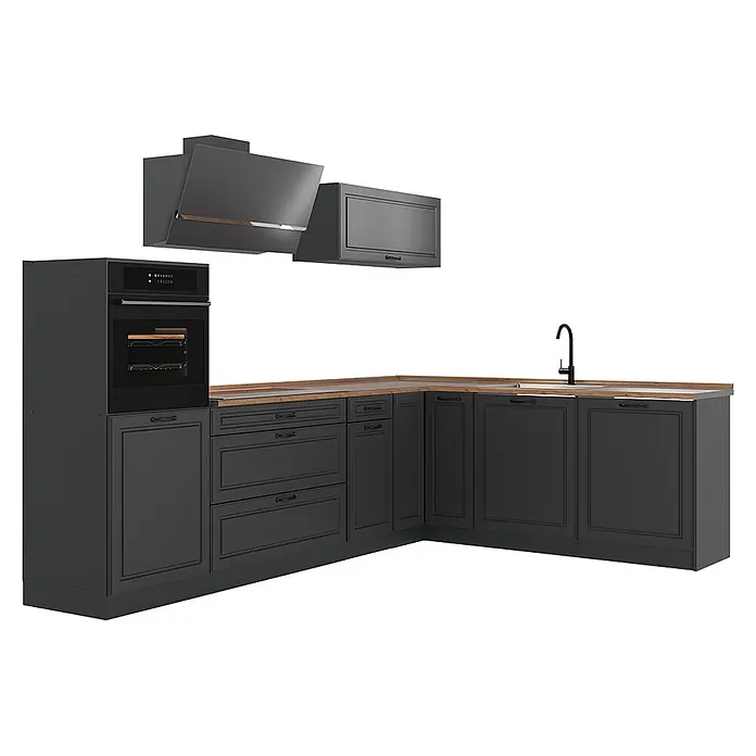 Eckküche R-Line 287 cm Anthrazit Landhaus Art.-Nr. 68199 -  - Anthrazitfarbene L-förmige Küchenzeile mit Holzplatte, integriertem Ofen, Dunstabzugshaube und schwarzer Spülarmatur.