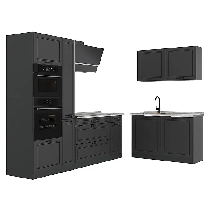 Eckküche R-Line 230 cm Anthrazit Landhaus Art.-Nr. 68165 -  - Dunkelgraue Küchenzeile mit Kassettenfronten, integrierten Öfen und Marmoroptik-Arbeitsplatte, inklusive Spüle und Oberschränken.