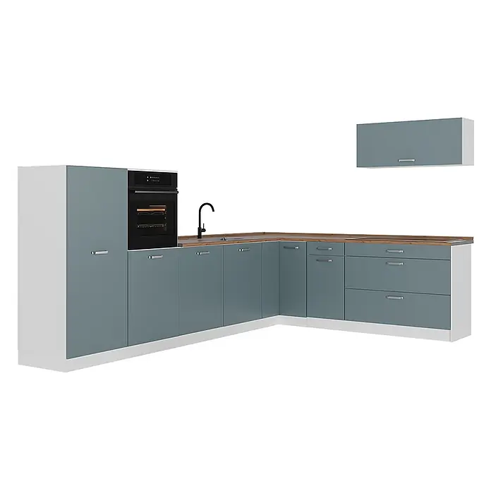 Eckküche R-Line 327 cm Blau-Grau Art.-Nr. 67584 -  - L-förmige Modulküche mit schiefergrauen Schränken, weißem Sockel, Holzarbeitsplatte, integriertem Backofen, Kochfeld, Spüle und Wasserhahn.