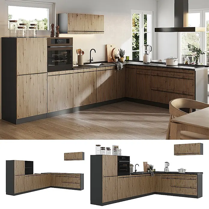 Eckküche R-Line 327 cm Artisan-Eiche Art.-Nr. 67546 -  - Moderne L-förmige Küche mit hellen Holzlamellenfronten und dunkelgrauen Arbeitsplatten in einem hellen Raum.