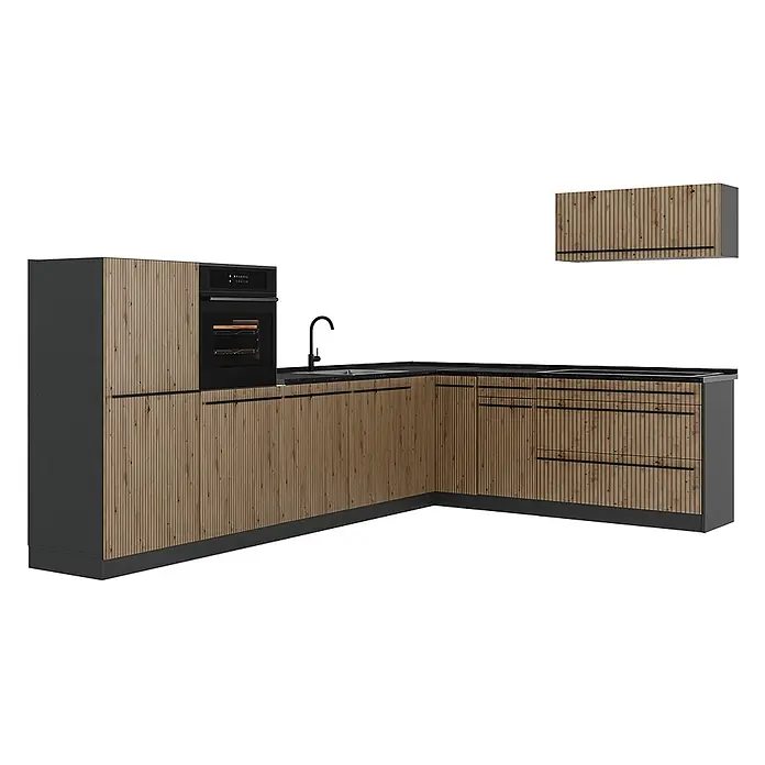 Eckküche R-Line 327 cm Artisan-Eiche Art.-Nr. 67545 -  - Moderne L-förmige Küchenzeile mit gerillten Holzfronten, schwarzer Arbeitsplatte, integriertem Backofen, Spüle und passendem Hängeschrank.
