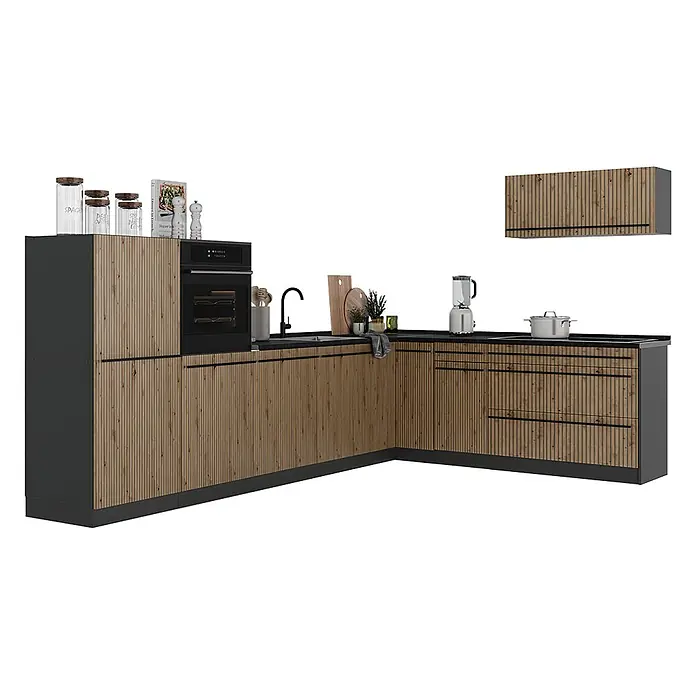 Eckküche R-Line 327 cm Artisan-Eiche Art.-Nr. 67546 -  - Eckküche mit Holzlamellenfronten und dunkelgrauen Details, inkl. integriertem Backofen, Spüle und Hängeschrank.