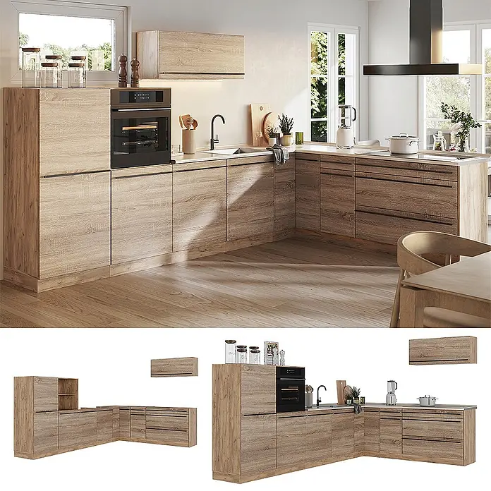 Eckküche R-Line 327 cm Sonoma Art.-Nr. 67569 -  - Eckküche aus hellem Holz mit schwarzen Griffen und integrierten Geräten.