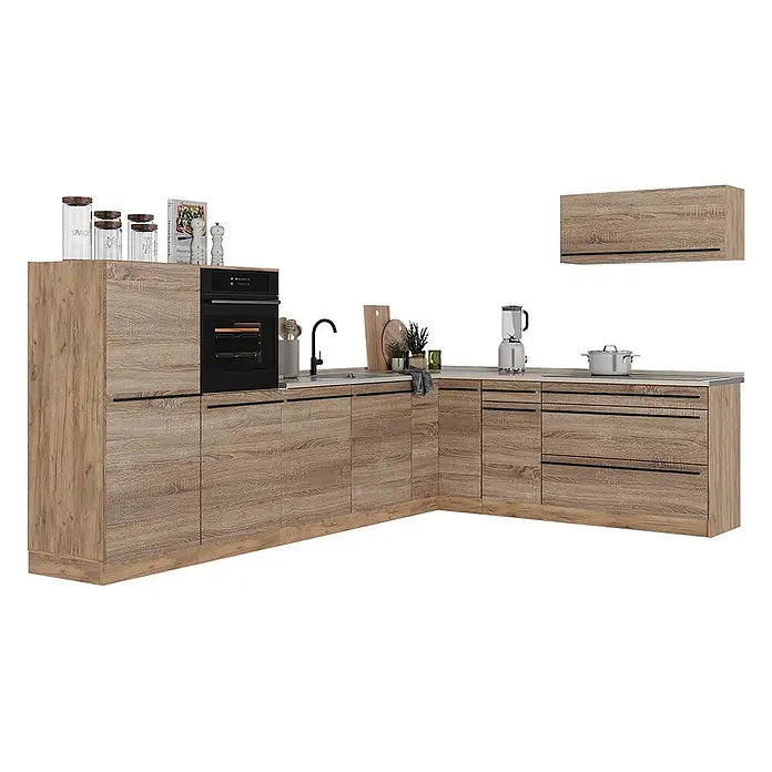 Eckküche R-Line 327 cm Sonoma Art.-Nr. 67569 -  - Eckküchenzeile in heller Holzoptik mit integriertem Backofen.