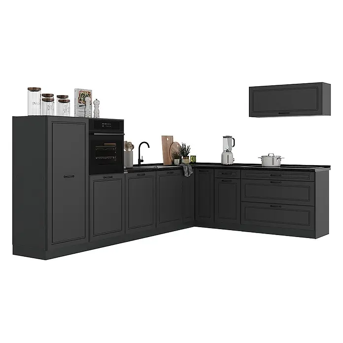 Eckküche R-Line 327 cm Anthrazit Landhaus Art.-Nr. 68222 -  - Dunkelgraue Eckküchenzeile mit integriertem Backofen, Spüle und Kochfeld.