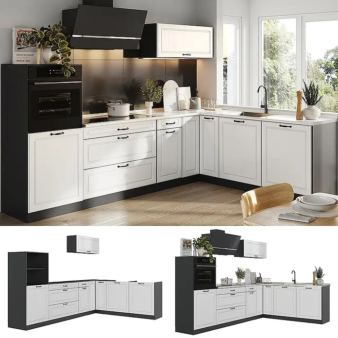 Eckküche R-Line 287 cm Weiß Landhaus Art.-Nr. 68203 -  - L-förmige Küche mit weißen Schränken und schwarzen Details, inklusive integriertem Ofen, Kochfeld und Spüle.