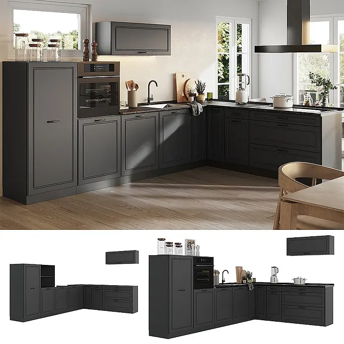 Eckküche R-Line 327 cm Anthrazit Landhaus Art.-Nr. 68222 -  - Dunkelgraue L-förmige Küche mit Paneel-Schränken, integriertem Backofen und Spüle in einer modernen Wohnumgebung.