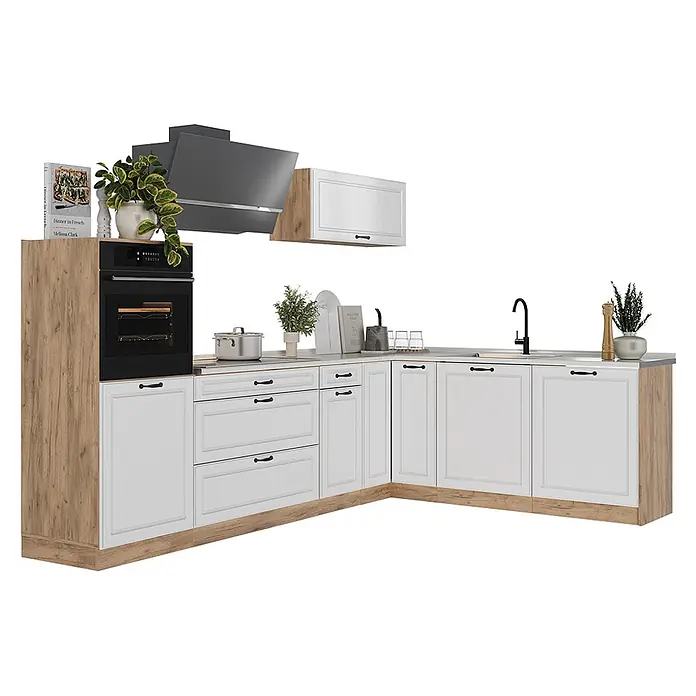 Eckküche R-Line 287 cm Weiß Landhaus Art.-Nr. 68157 -  - L-förmige Küche mit weißen Schränken, Holzmaserung-Akzenten, schwarzem Ofen, grauer Dunstabzugshaube und Spüle.