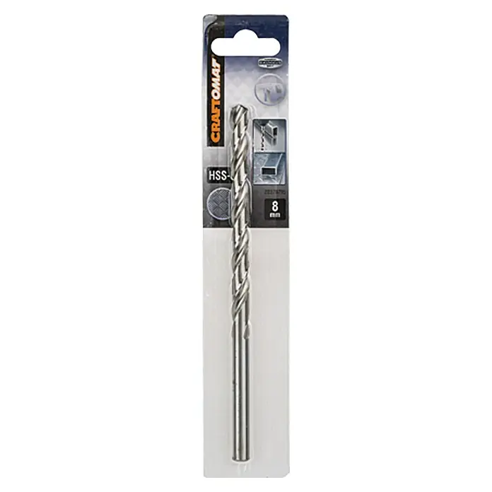 Craftomat Metallbohrer - Durchmesser Bohrer: 8 mm, Arbeitslänge: 109 mm - Abbildung eines HSS-Metallbohrers in einer Verpackung. Ideal für präzise Bohrungen in Metall.