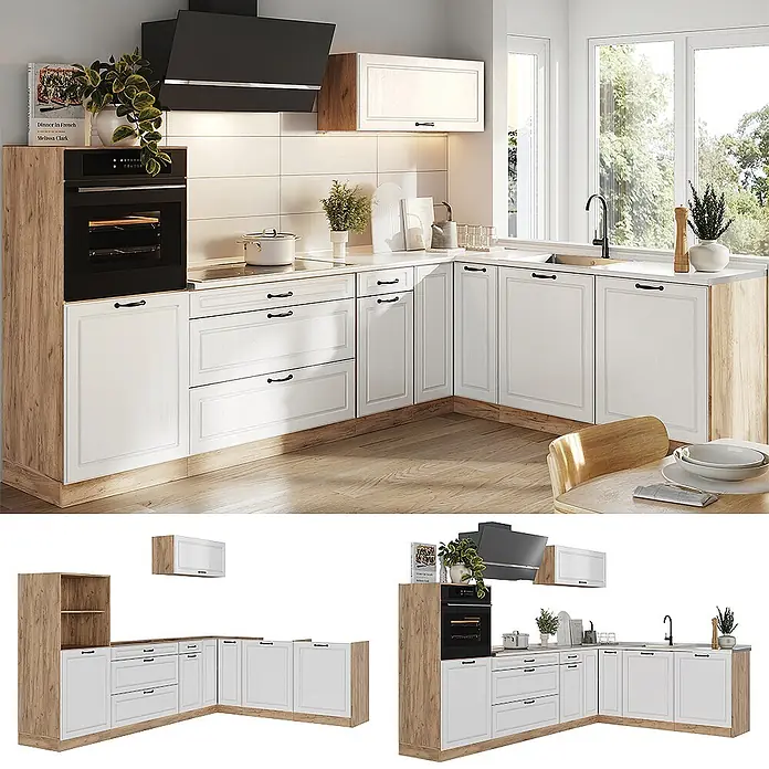 Eckküche R-Line 287 cm Weiß Landhaus Art.-Nr. 68157 -  - Moderne Eckküche mit weißen Fronten, Holzdekor-Seiten, schwarzem Backofen und Dunstabzugshaube, weißer Arbeitsplatte und Spüle.