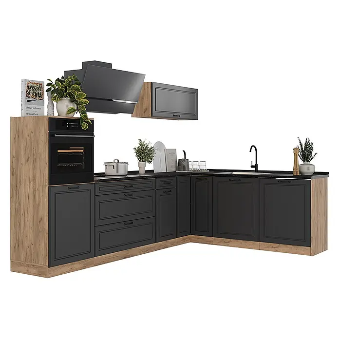 Eckküche R-Line 287 cm Anthrazit Landhaus Art.-Nr. 68152 -  - Moderne L-förmige Küche mit dunkelgrauen Schränken und hellen Holzakzenten, inklusive Backofen, Kochfeld, Spüle und Dunstabzugshaube.