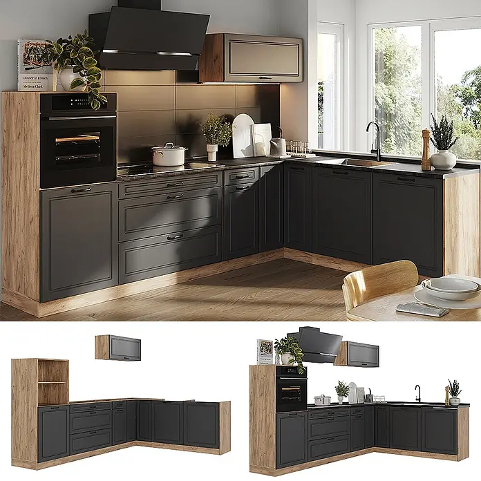 Eckküche R-Line 287 cm Anthrazit Landhaus Art.-Nr. 68152 -  - Moderne L-förmige Küche mit dunkelgrauen Schränken, hellen Holzpaneelen, integriertem Backofen, Kochfeld und Spüle.