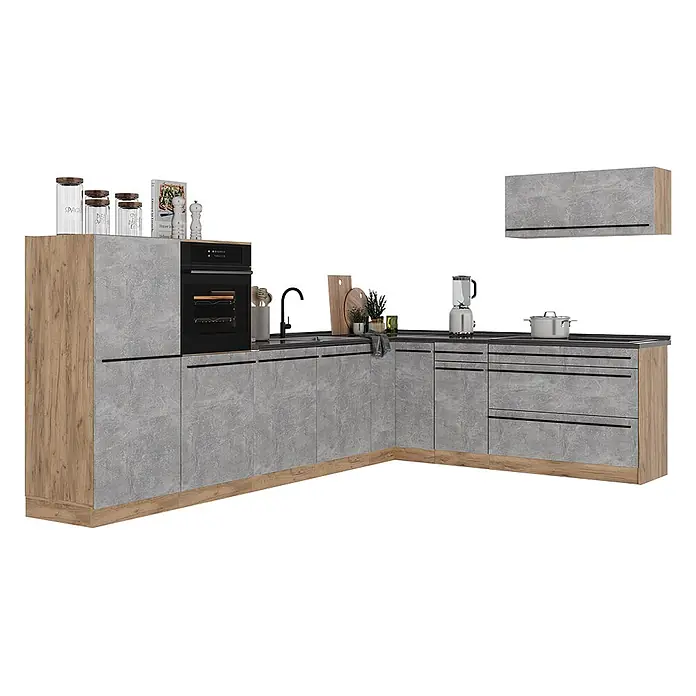 Eckküche R-Line 327 cm Beton Art.-Nr. 67561 -  - Moderne L-förmige Küchenzeile mit grauen Betonoptik-Fronten und hellen Holzdetails, inklusive integriertem Backofen und Spüle.