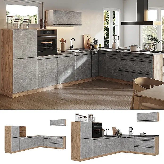 Eckküche R-Line 327 cm Beton Art.-Nr. 67561 -  - Moderne L-förmige Küche mit grauen Betonoptik-Schränken und Holzakzenten, komplett mit Geräten und Spüle.