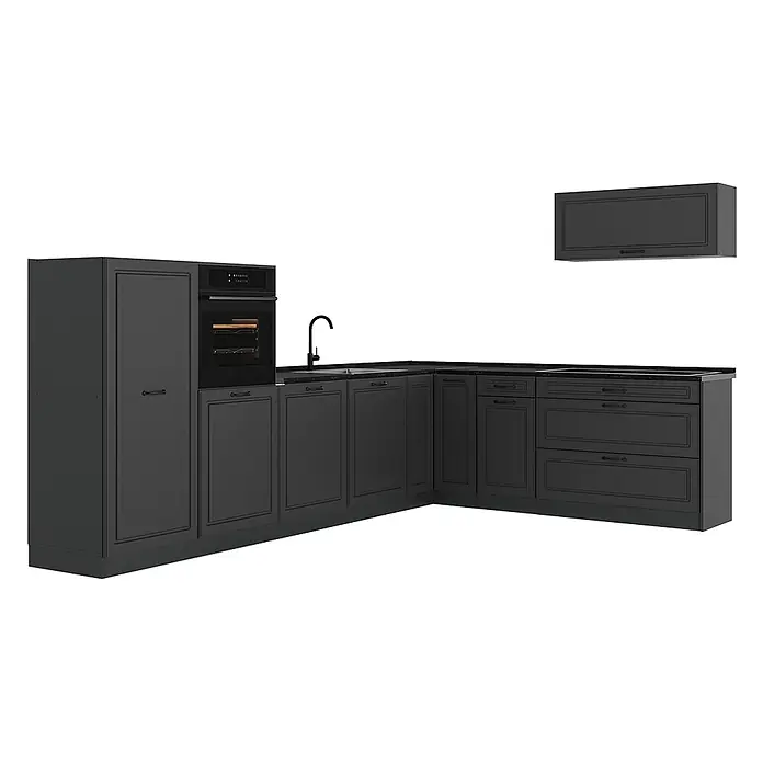 Eckküche R-Line 327 cm Anthrazit Landhaus Art.-Nr. 68222 -  - Dunkelgraue L-förmige Küchenzeile mit Ofen, Spüle, Kochfeld und Hängeschrank. Fronten mit Paneelen und schwarze Arbeitsplatte.