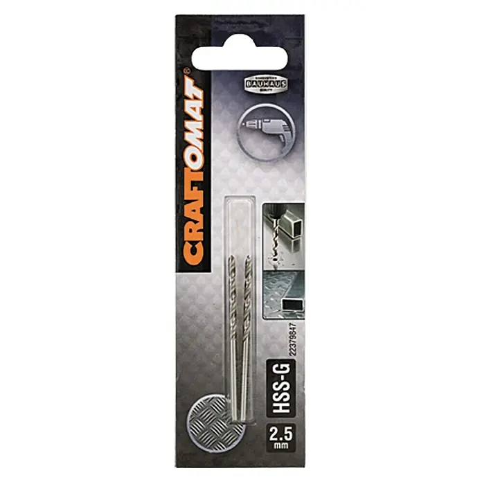 Craftomat Metallbohrer - 2 Stk., Durchmesser Bohrer: 2,5 mm, Arbeitslänge: 30 mm - Abbildung einer CRAFTOMAT HSS-G 2,5mm Metallbohrer-Packung, ideal für präzise Bohrarbeiten in Metall.