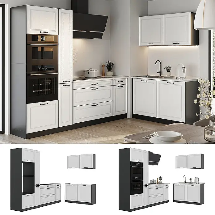 Eckküche R-Line 230 cm Weiß Landhaus Art.-Nr. 68168 -  - Weiß-dunkelgraue modulare Küchenschrank-Garnitur mit integriertem Ofen, Mikrowelle und Spüle, in modernem Interieur dargestellt.