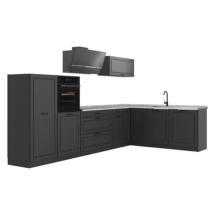 Eckküche R-Line 347 cm Anthrazit Landhaus Art.-Nr. 68261 -  - Dunkelgraue L-förmige Küchenzeile mit integriertem Backofen, Dunstabzugshaube, Spüle und Kassettenfronten, mit heller Arbeitsplatte.