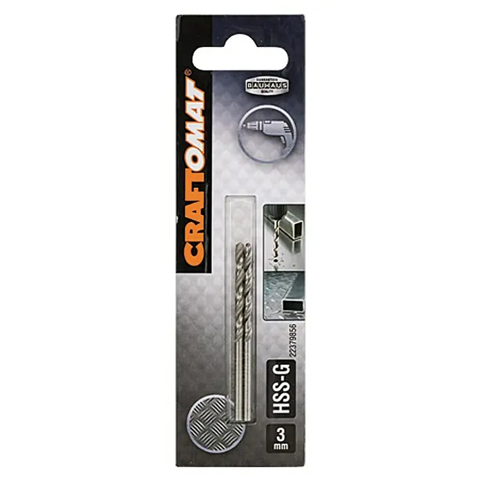 Craftomat Metallbohrer - 2 Stk., Durchmesser Bohrer: 3 mm, Arbeitslänge: 33 mm - Verpackung von Craftomat HSS-G 3mm Metallbohrern, geeignet für Bohrmaschinen. Ideal zum Bohren von Metalloberflächen.