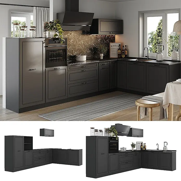Eckküche R-Line 347 cm Anthrazit Landhaus Art.-Nr. 68261 -  - L-förmige dunkelgraue Küchenschrankkombination mit schwarzer Arbeitsplatte und integrierten Geräten, in einer modernen Küche.
