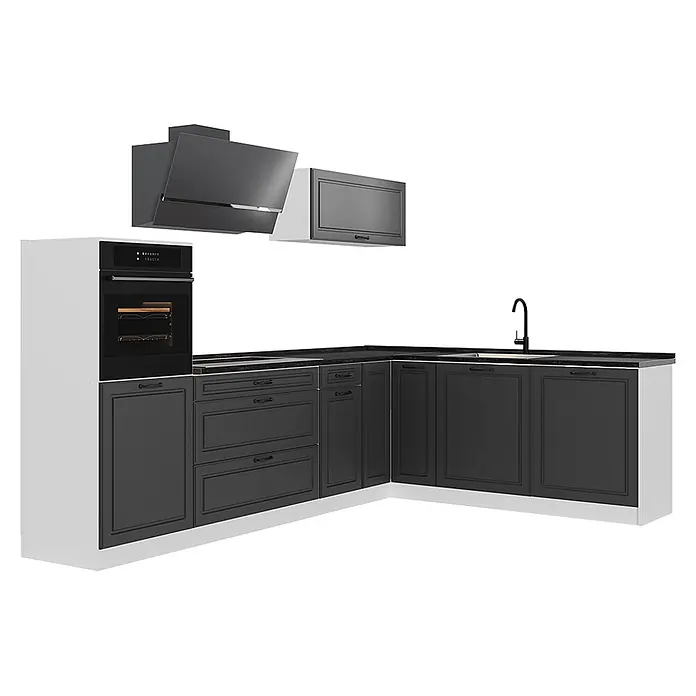 Eckküche R-Line 287 cm Anthrazit Landhaus Art.-Nr. 68210 -  - L-förmige Küche in Weiß und Anthrazit mit integriertem Backofen, Kochfeld, Spüle, Dunstabzugshaube und Hängeschränken.