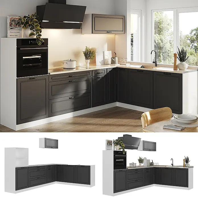 Eckküche R-Line 287 cm Anthrazit Landhaus Art.-Nr. 68211 -  - L-förmige dunkelgraue Küche mit heller Holzplatte, integriertem Backofen, Spüle und Hängeschränken.