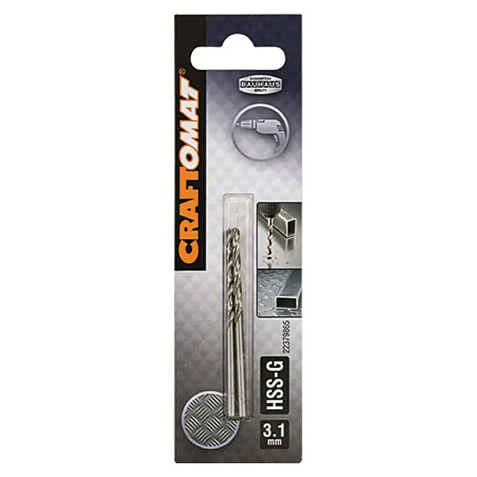 Craftomat Metallbohrer - 2 Stk., Durchmesser Bohrer: 3,1 mm, Arbeitslänge: 33 mm - Craftomat HSS-G Metallbohrer, 3.1 mm Durchmesser, geeignet für präzise Bohrarbeiten in Metall, verpackt und sofort einsatzbereit.