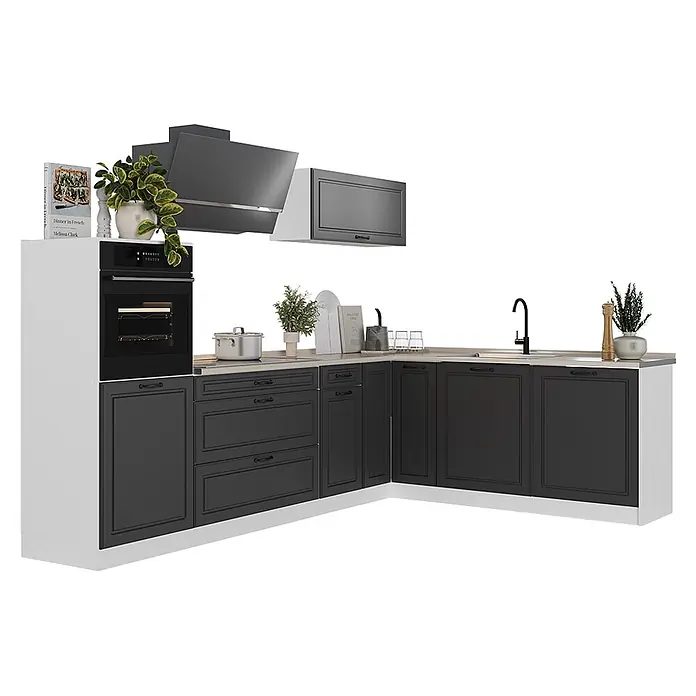 Eckküche R-Line 287 cm Anthrazit Landhaus Art.-Nr. 68211 -  - L-förmige moderne Küchenzeile mit dunkelgrauen und weißen Schränken, heller Arbeitsplatte, integriertem Backofen, Kochfeld, Spüle und Dunstabzugshaube.