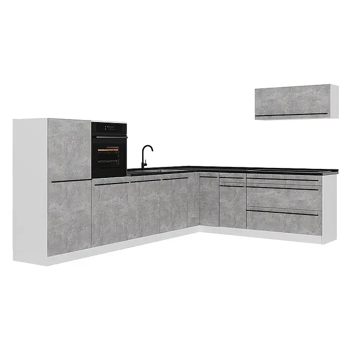 Eckküche R-Line 327 cm Beton Art.-Nr. 67577 -  - L-förmige Küchenzeile mit Betonoptik-Fronten, schwarzer Arbeitsplatte, integriertem Backofen, Spüle und Kochfeld. Mit schwarzen Griffen.